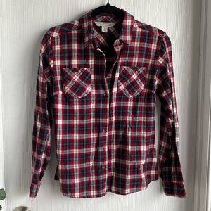 Red, Black, White, Green Plaid Button Down Shirt